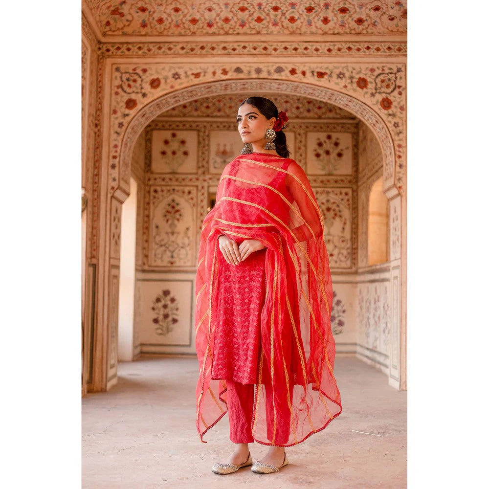 Gulabo Jaipur Imrat Cut Sleeves Red Straight Kurta with Pants & Dupatta (Set of 3) - Image 2