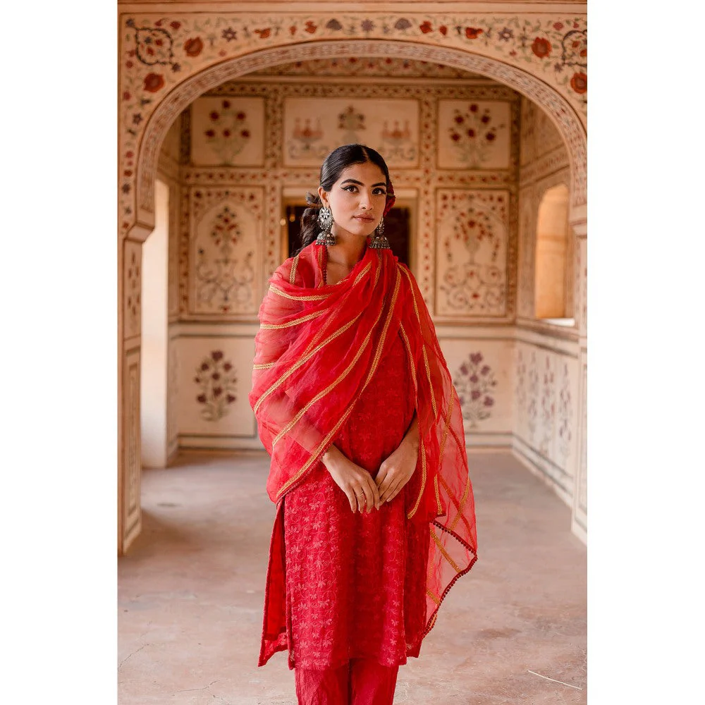 Gulabo Jaipur Imrat Cut Sleeves Red Straight Kurta with Pants & Dupatta (Set of 3) - Image 3