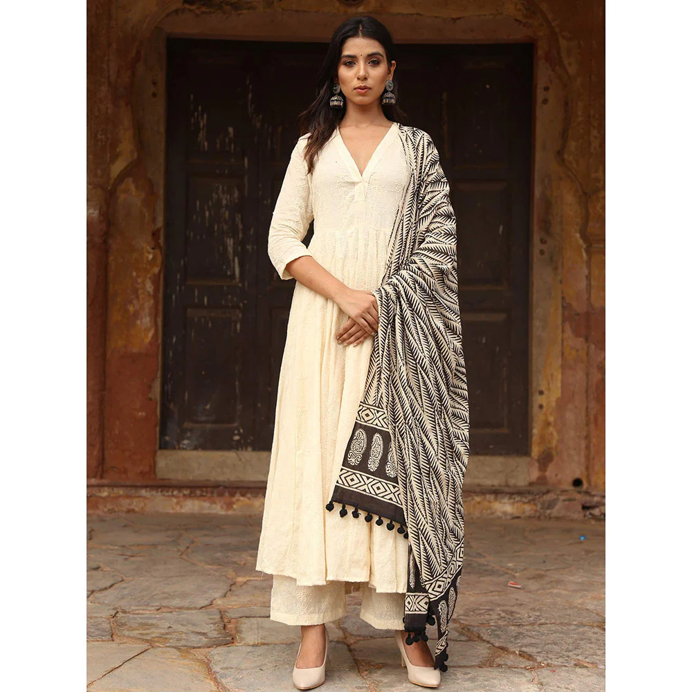Gulabo Jaipur Maya Off White Chikan Kurta With Pant & Cotton Dupatta (Set of 3) - Image 3