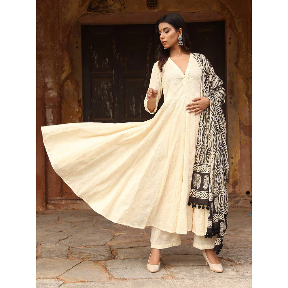 Gulabo Jaipur Maya Off White Chikan Kurta With Pant & Cotton Dupatta (Set of 3) - Image 7