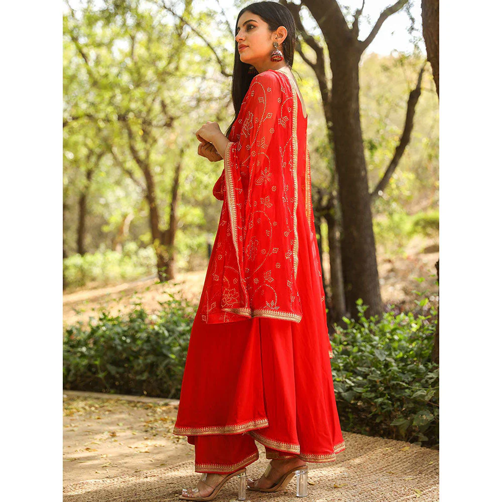 Gulabo Jaipur Nafisa Red Cotton Rayon Kurta With Pyjama & Taari Dupatta (Set of 3) - Image 2