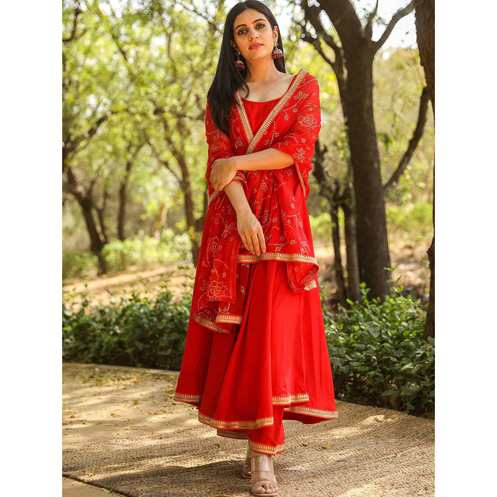 Gulabo Jaipur Nafisa Red Cotton Rayon Kurta With Pyjama & Taari Dupatta (Set of 3) - Image 6