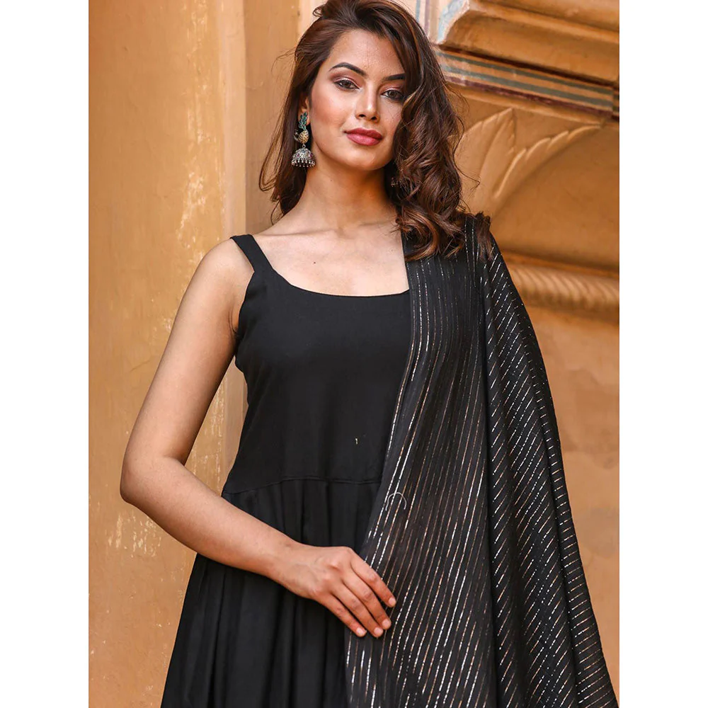 Gulabo Jaipur Noori Black Cotton Rayon Kurta With Pyjama & Lurex Dupatta (Set of 3) - Image 5
