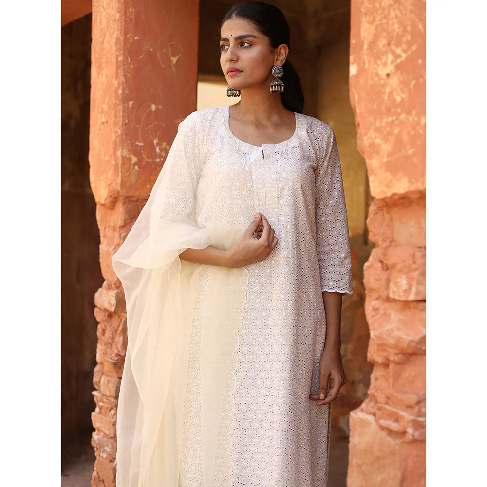 Gulabo Jaipur Nude Chikan Kurta With Pant & Organza Dupatta (Set of 3) - Image 5