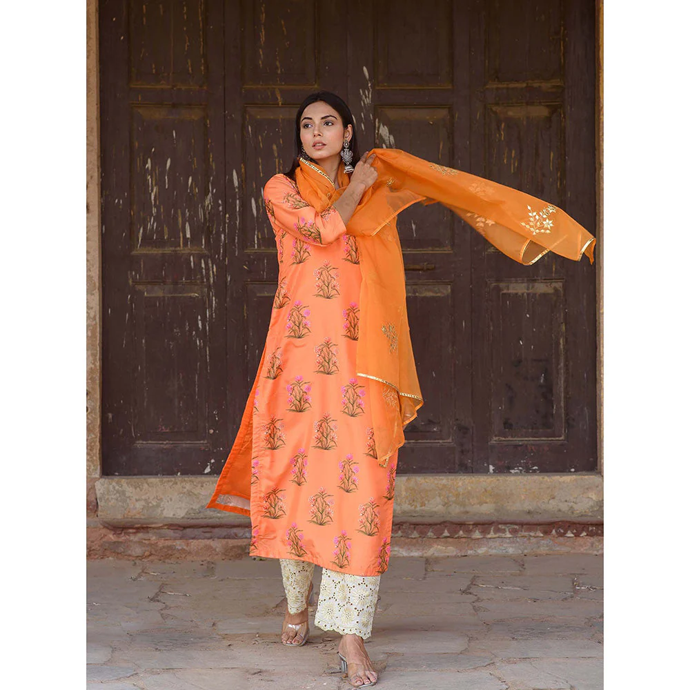 Gulabo Jaipur Orange Mehnaaz Kurta With Pant And Dupatta (Set Of 3) - Image 5