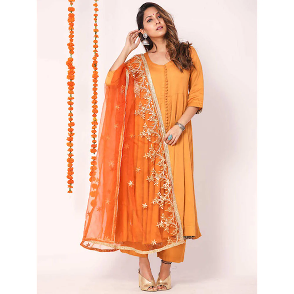 Gulabo Jaipur Orange Mudaal Kurta With Pant & Organza And Gottapatti Work Dupatta (Set of 3) - Image 5