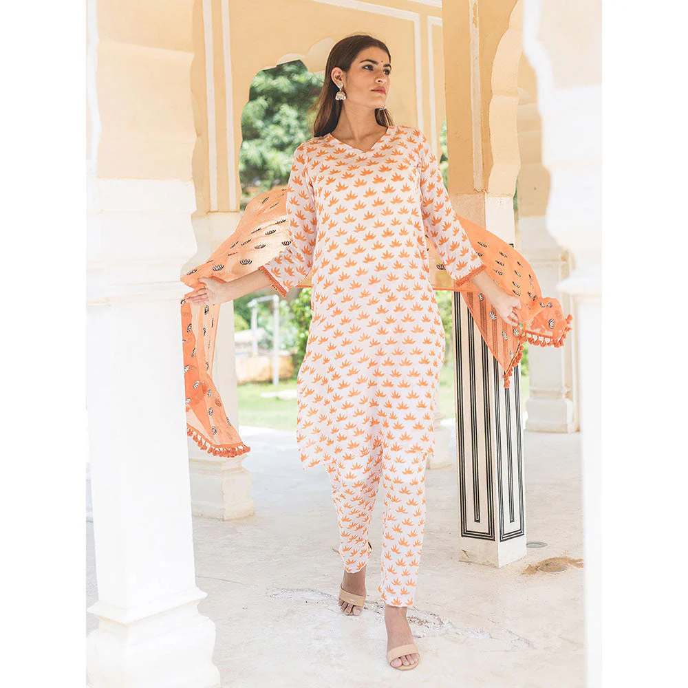 Gulabo Jaipur Padmini Orange Straight Kurta And Pant With Dupatta (Set of 3) - Image 3