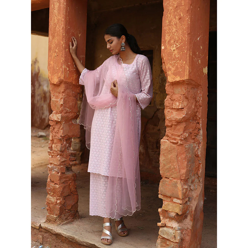 Gulabo Jaipur Pink Chikan Kurta With Pant & Organza Dupatta (Set of 3) - Image 4