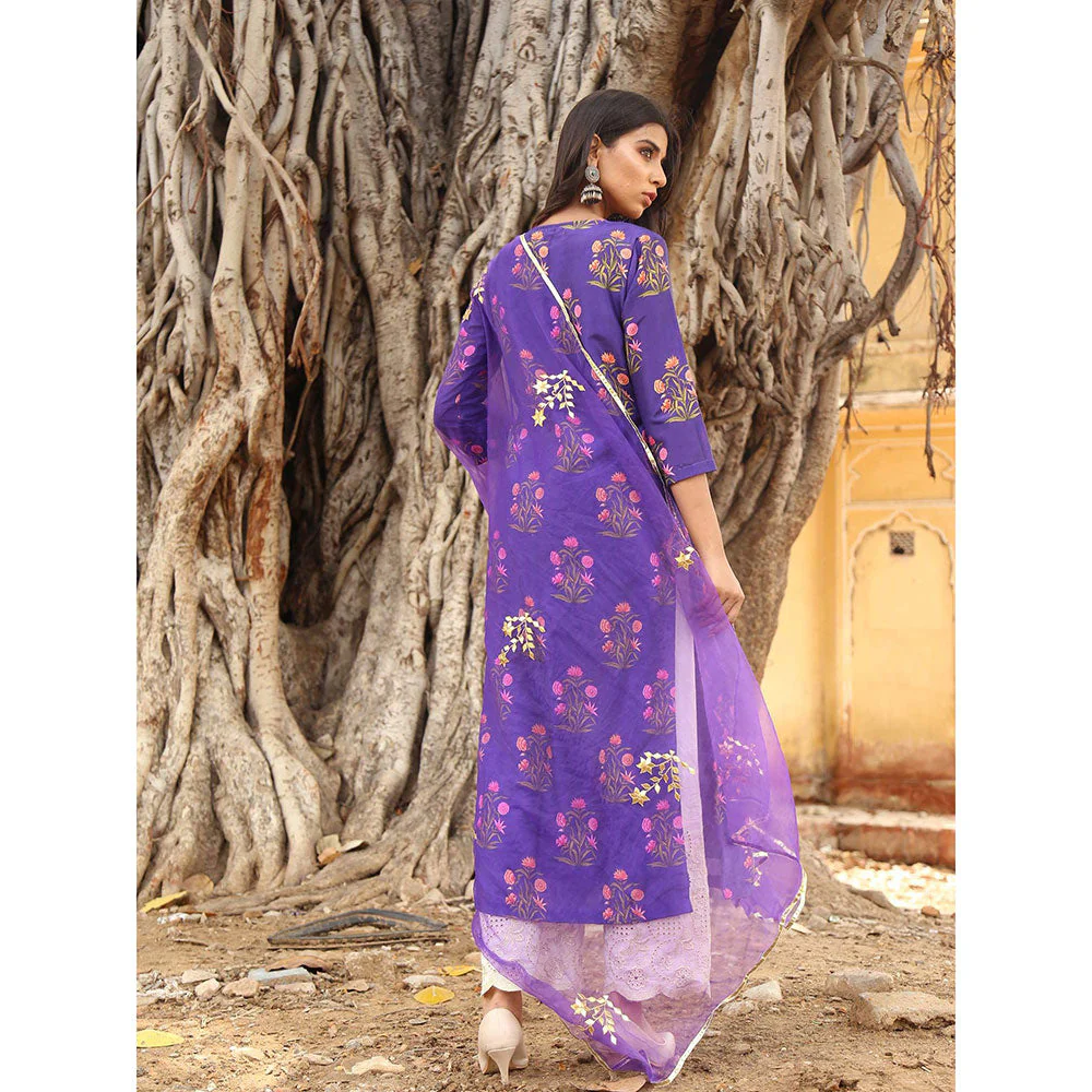 Gulabo Jaipur Purple Chanderi Kurta With Pyjama & Organza Golden Detailing Dupatta (Set of 3) - Image 2