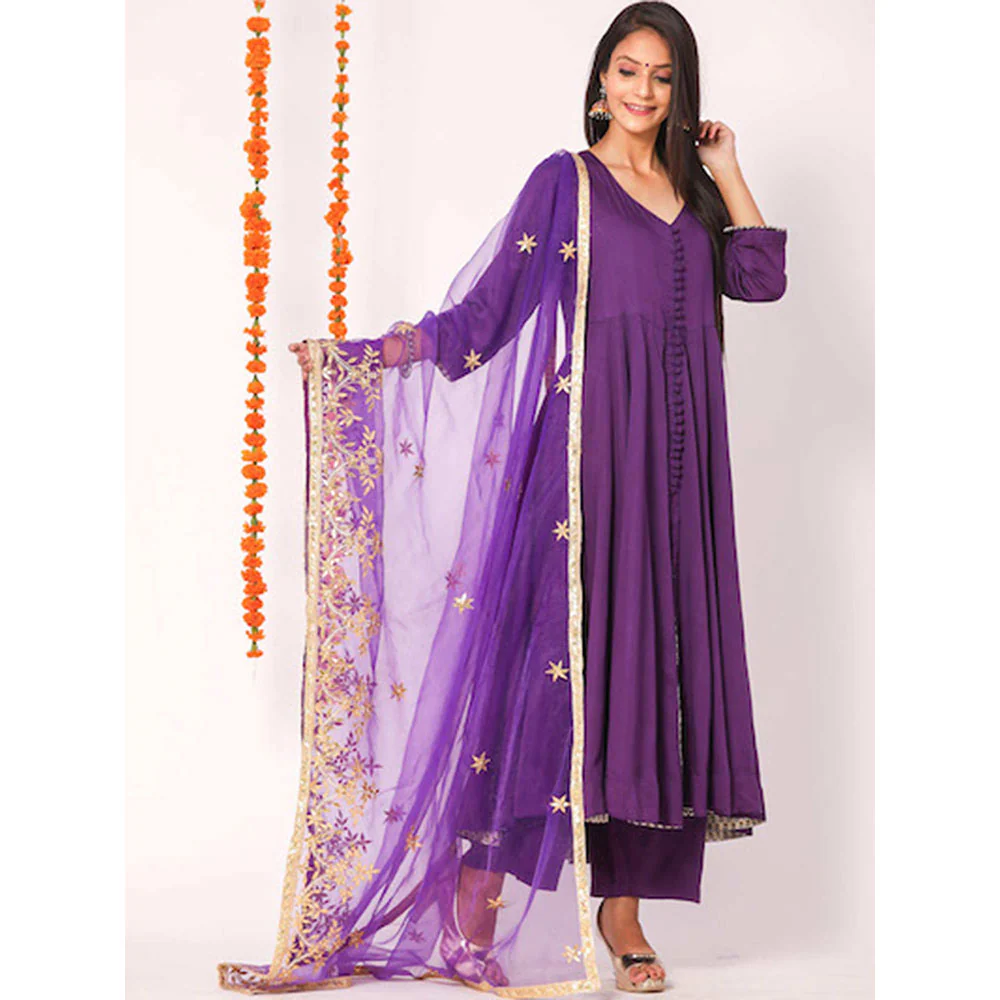 Gulabo Jaipur Purple Mudaal Kurta With Pant & Organza And Gottapatti Work Dupatta (Set of 3) - Image 3