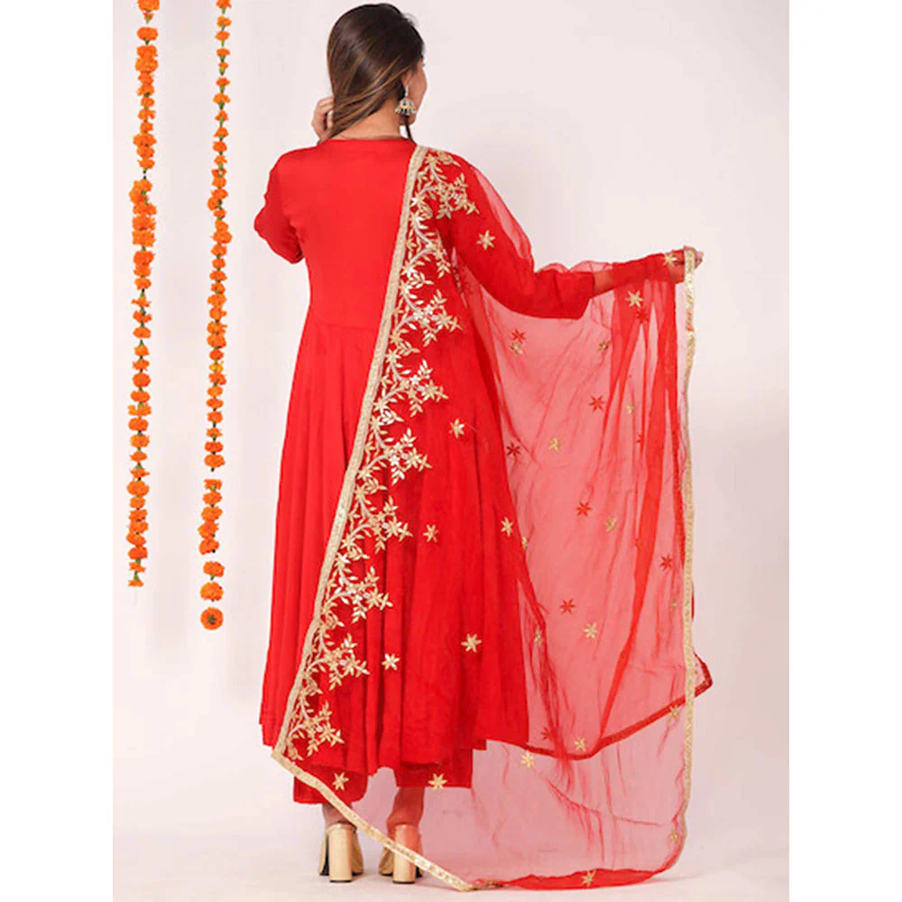 Gulabo Jaipur Red Mudaal Kurta With Pant & Organza And Gottapatti Work Dupatta (Set of 3) - Image 2