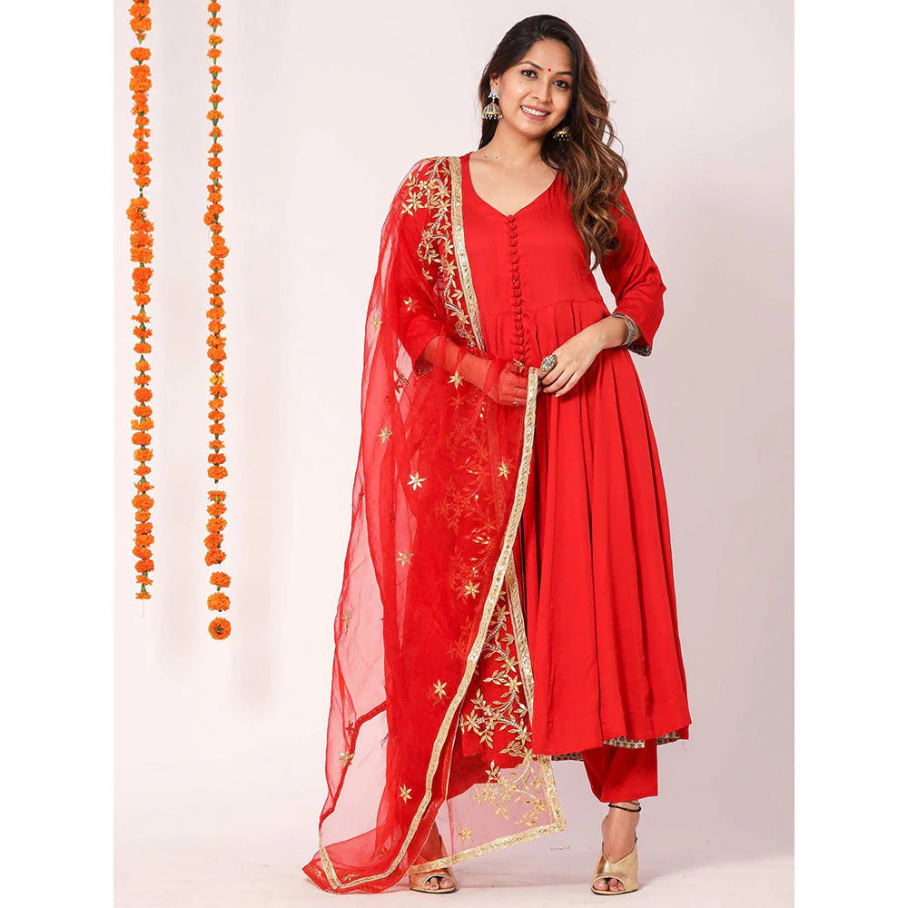 Gulabo Jaipur Red Mudaal Kurta With Pant & Organza And Gottapatti Work Dupatta (Set of 3) - Image 4