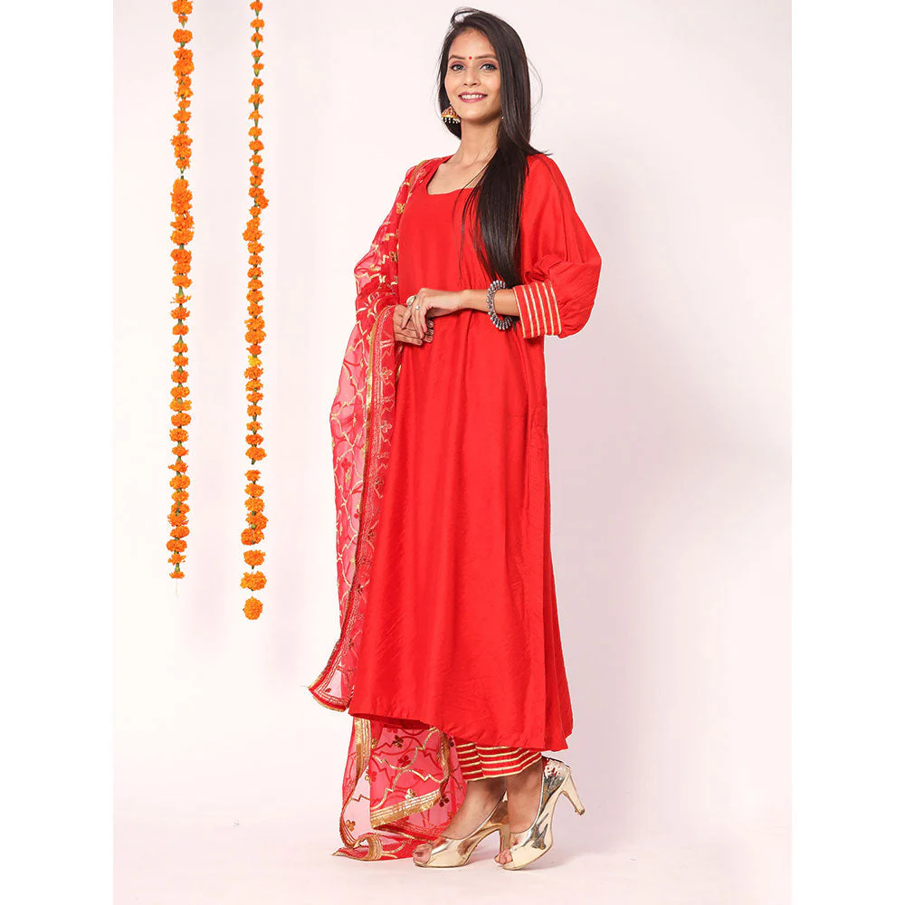 Gulabo Jaipur Red Opada Glass Organza Kurta With Pant & Full Jaal Work Dupatta (Set of 3) - Image 4