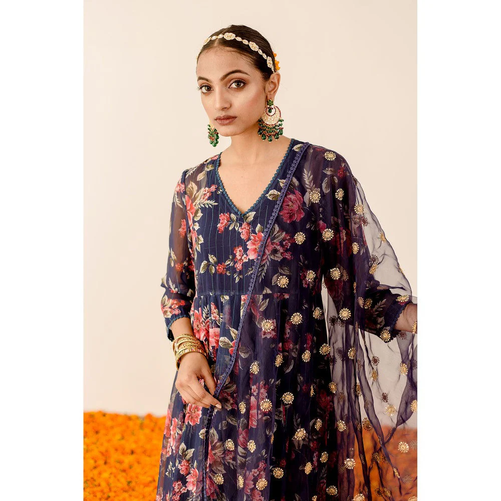 Gulabo Jaipur Ruby Dark Blue Anarkali (Set of 3) - Image 4