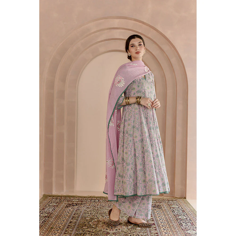Gulabo Jaipur Shaila Anarkali-Pant with Dupatta-Pink (Set of 3) - Image 2