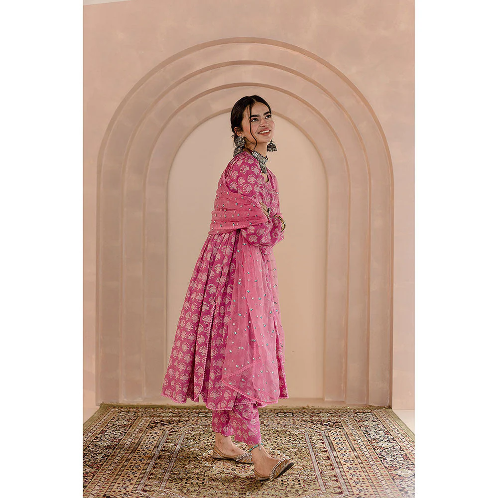 Gulabo Jaipur Shriya Anarkali-Pant with Dupatta-Pink (Set of 3) - Image 2