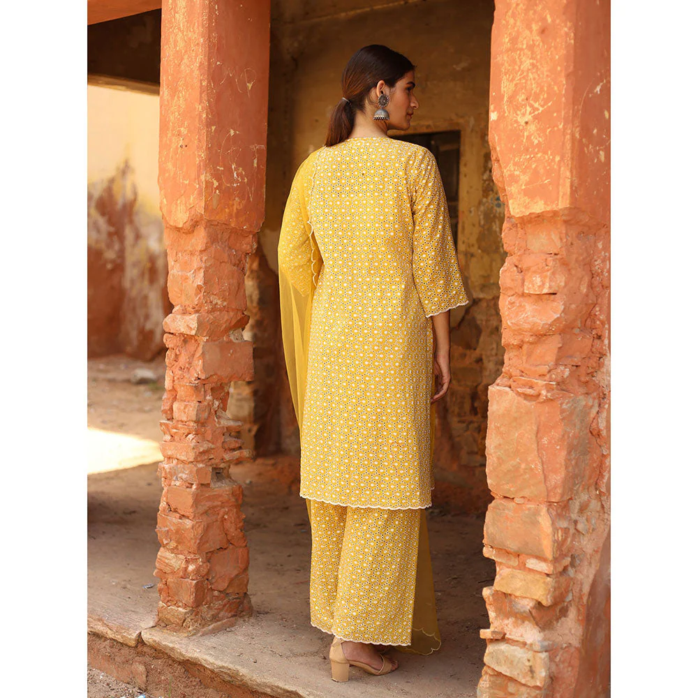 Gulabo Jaipur Yellow Chikan Kurta, Inner With Pant & Organza Dupatta (Set of 4) - Image 3