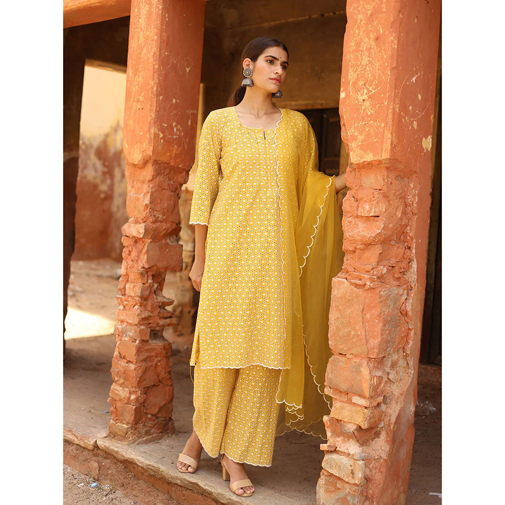 Gulabo Jaipur Yellow Chikan Kurta, Inner With Pant & Organza Dupatta (Set of 4) - Image 6