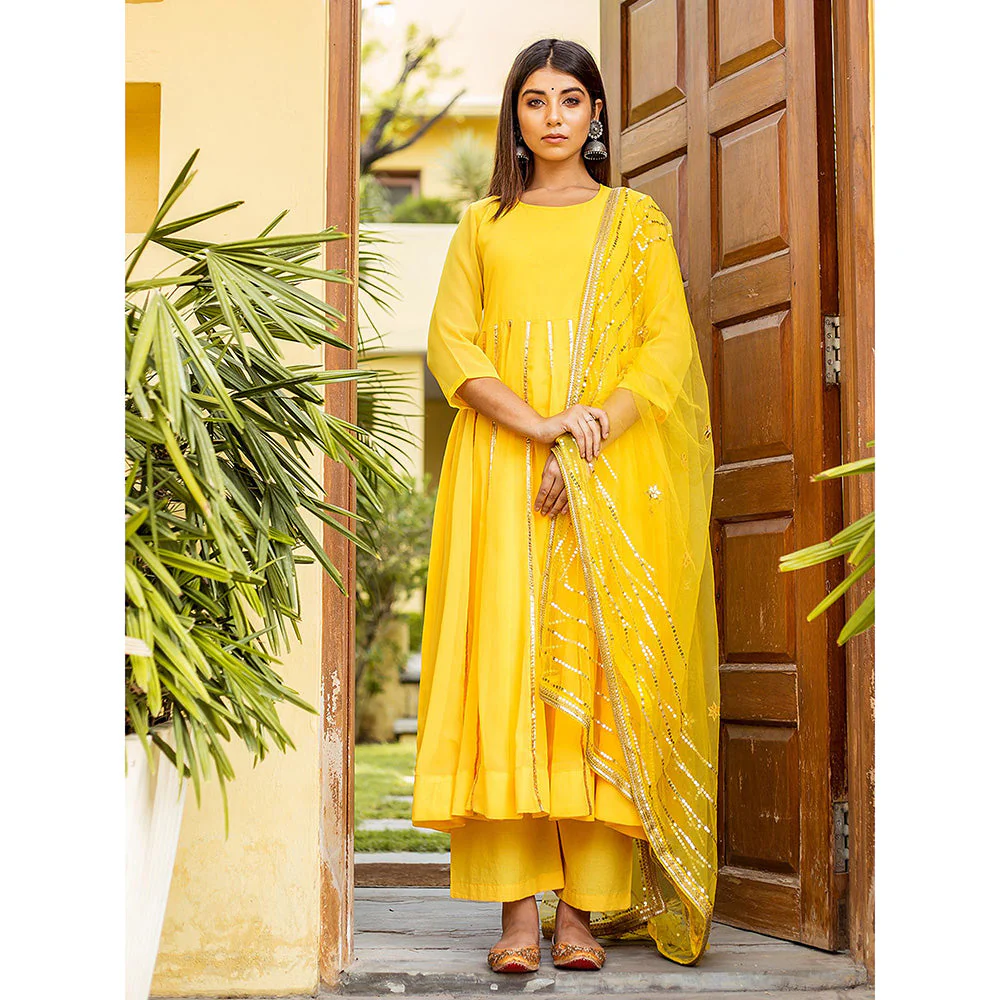 Gulabo Jaipur Yellow Georgette Kurta With Pant & Net Golden Detailing Dupatta (Set of 3) - Image 2