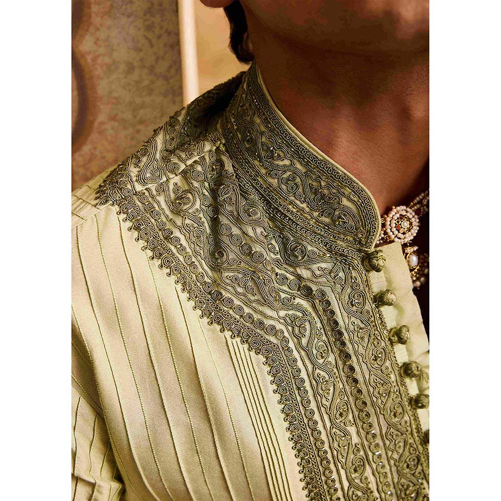 HISTORI Chanderi Men Green Embroidered Kurta with Churidar - Image 3