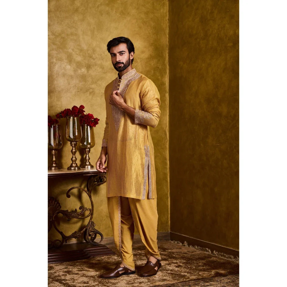 HISTORI Chanderi Men Mustard Embroidered Kurta with Dhoti - Image 3