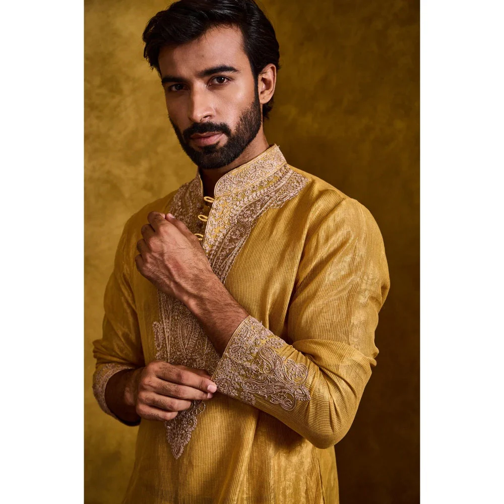 HISTORI Chanderi Men Mustard Embroidered Kurta with Dhoti - Image 4