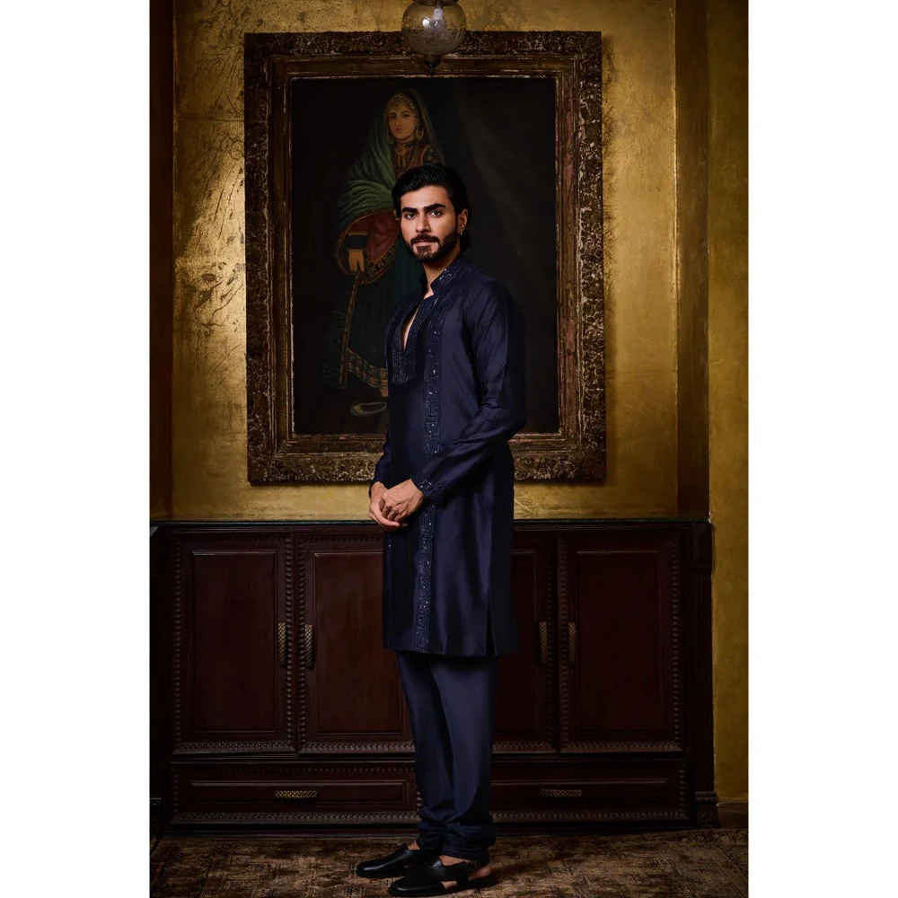 HISTORI Chanderi Men Navy Blue Embroidered Kurta with Churidar - Image 3
