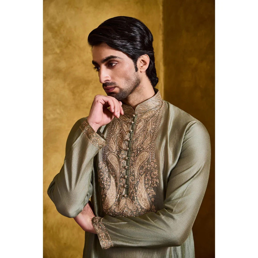 HISTORI Chanderi Men Olive Embroidered Kurta with Churidar - Image 3