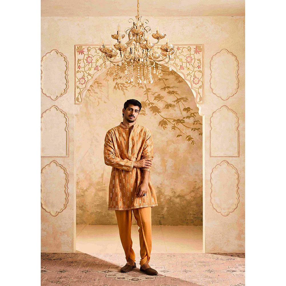 HISTORI Chanderi Men Rust Embroidered Kurta with Salwar - Image 3