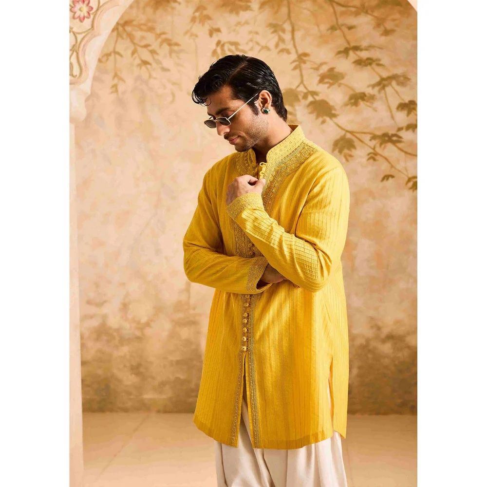 HISTORI Chanderi Men Yellow Embroidered Kurta with Salwar - Image 3
