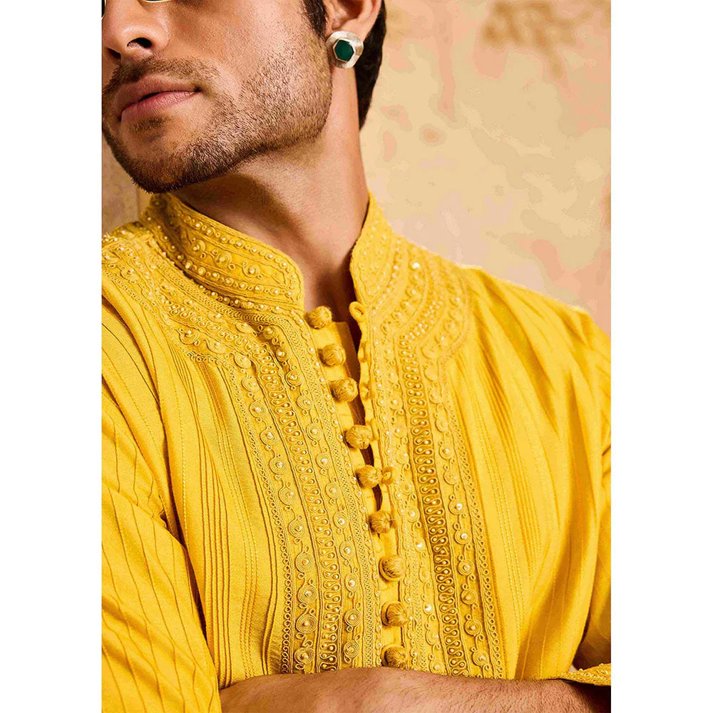 HISTORI Chanderi Men Yellow Embroidered Kurta with Salwar - Image 4