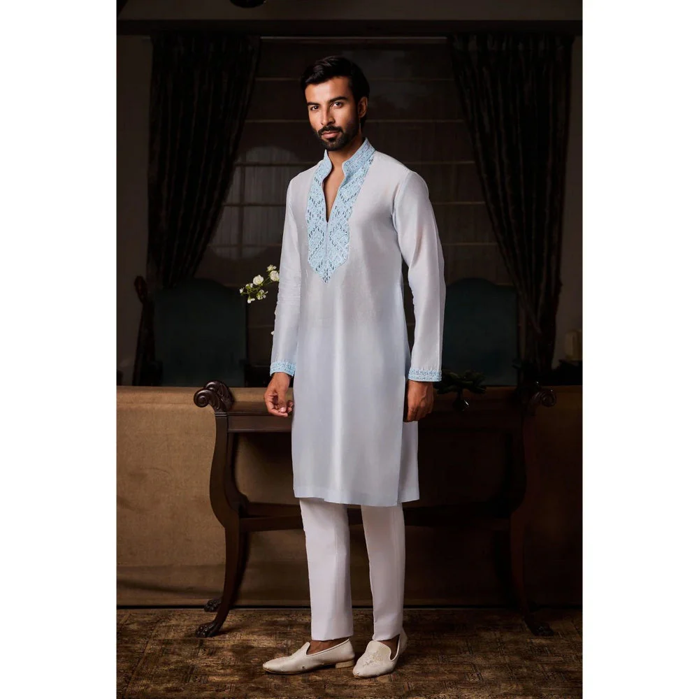 HISTORI Chanderi Silk Men Blue Embroidered Kurta with Trouser - Image 3