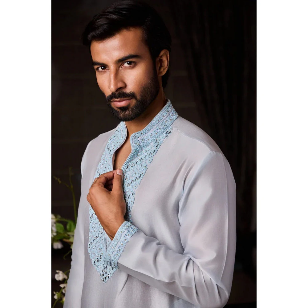 HISTORI Chanderi Silk Men Blue Embroidered Kurta with Trouser - Image 4