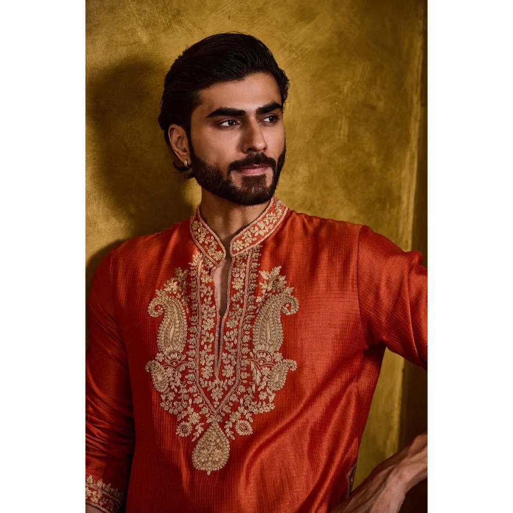 HISTORI Chanderi Silk Men Rust Embroidered Kurta with Salwar - Image 3