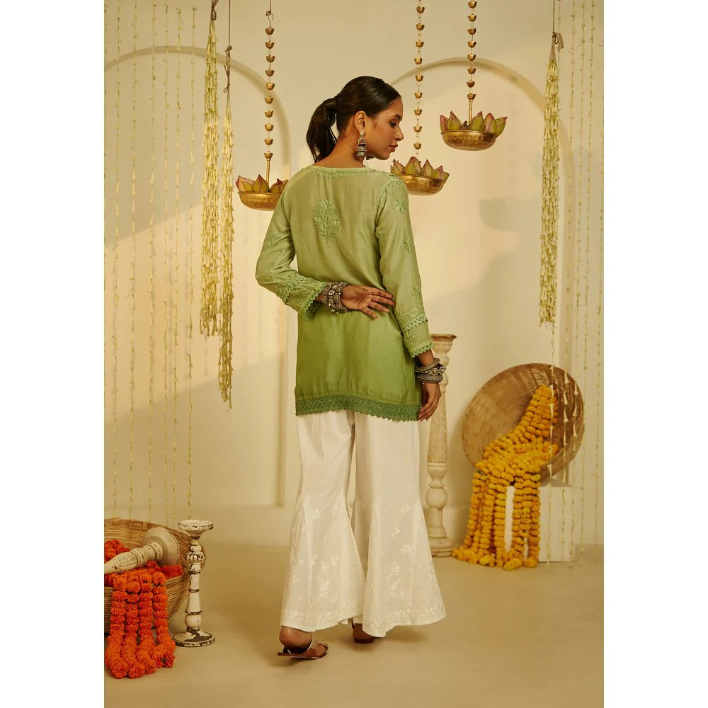 House of Chikankari Arfa Chikankari Muslin A-Line Short Kurta Green - Image 3