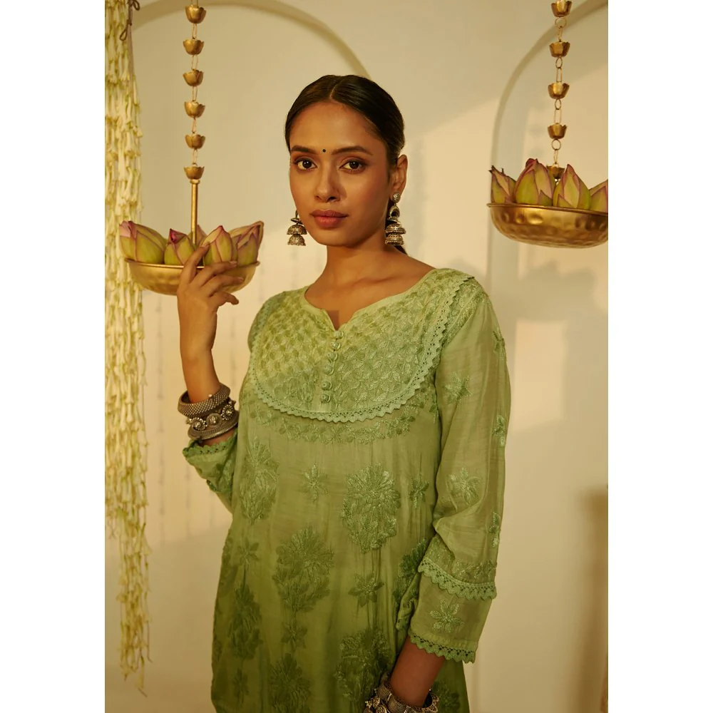 House of Chikankari Arfa Chikankari Muslin A-Line Short Kurta Green - Image 4