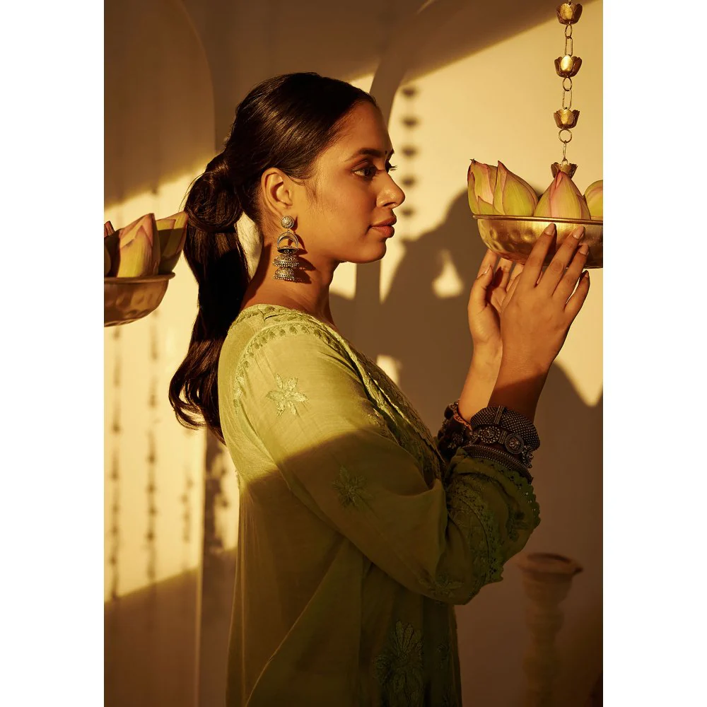 House of Chikankari Arfa Chikankari Muslin A-Line Short Kurta Green - Image 5