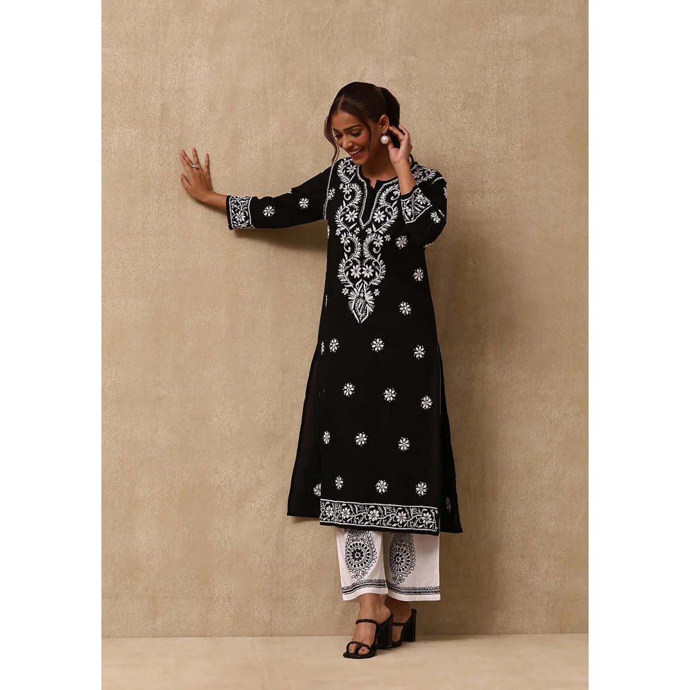 House of Chikankari Black Irhaa Chikankari Cotton Kurta & Pant (Set of 2) - Image 3