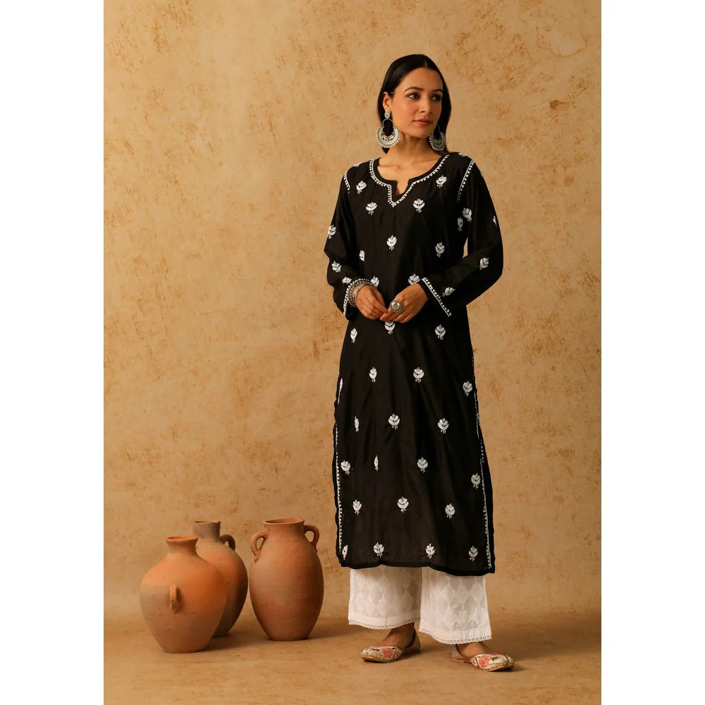House of Chikankari Black Noor Chikankari Chanderi Straight Kurta