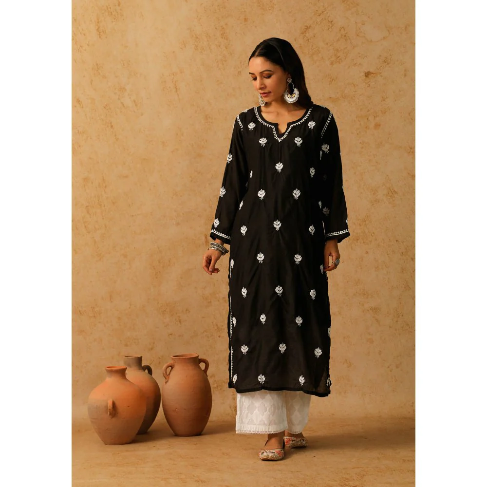 House of Chikankari Black Noor Chikankari Chanderi Straight Kurta - Image 3