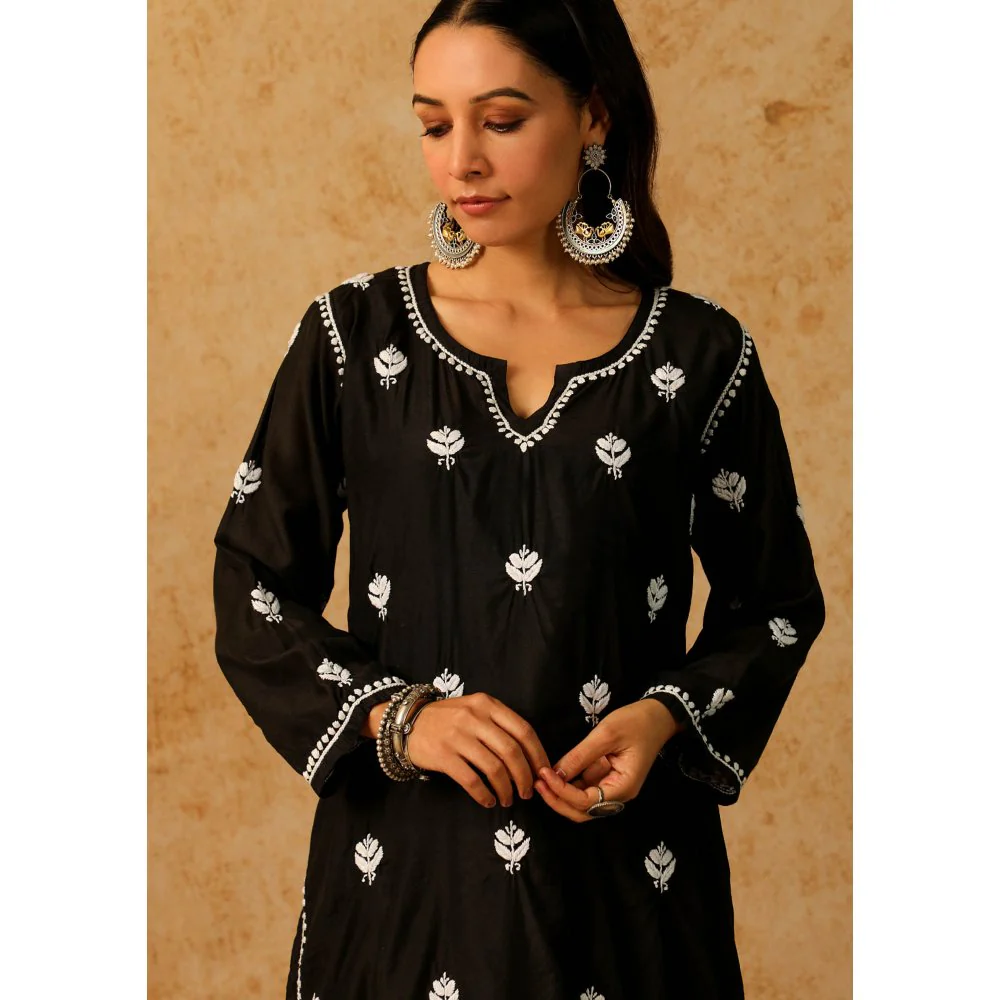 House of Chikankari Black Noor Chikankari Chanderi Straight Kurta - Image 6