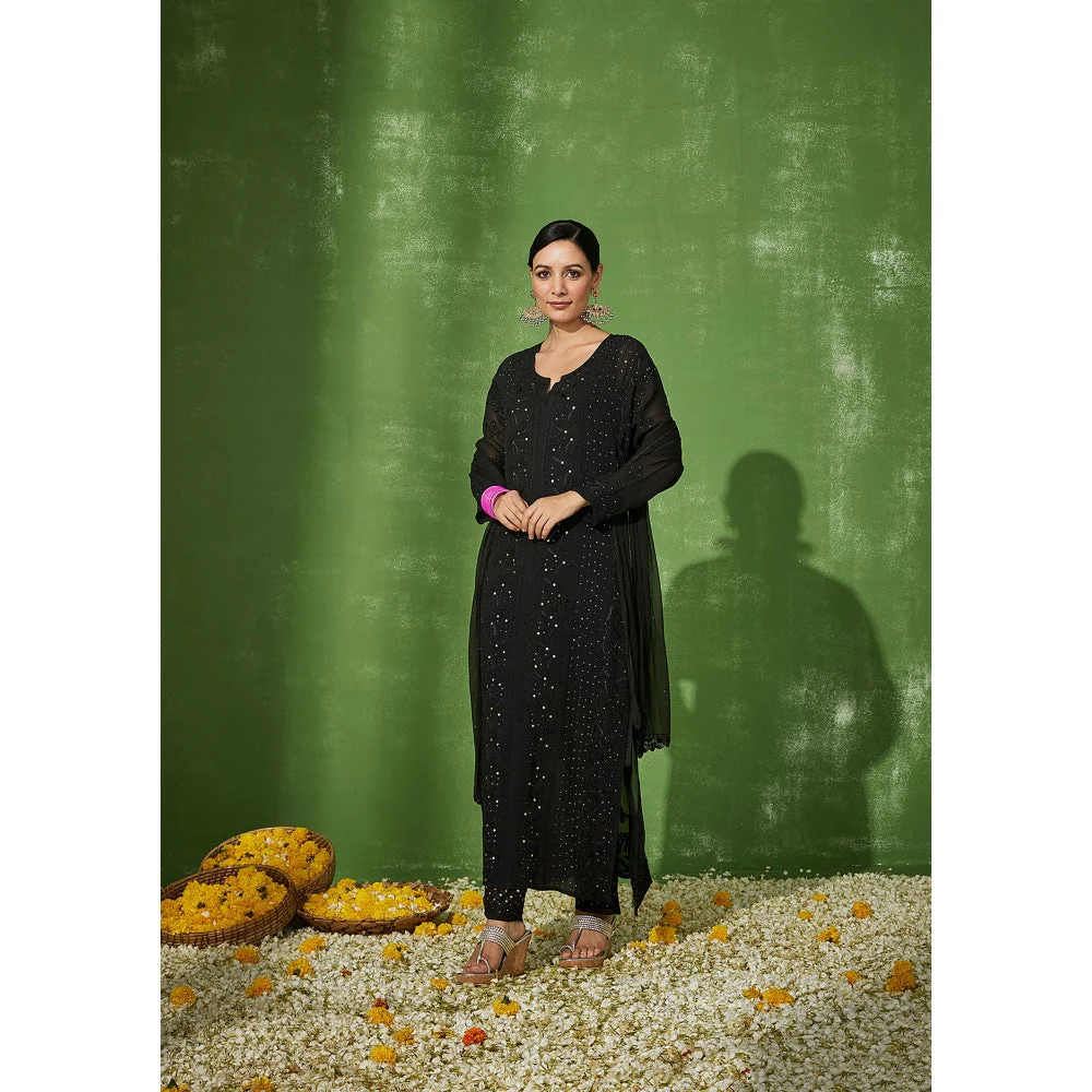 House of Chikankari Black Sabira Chikankari Georgette Straight Palazzo with Dupatta (Set of 4) - Image 2