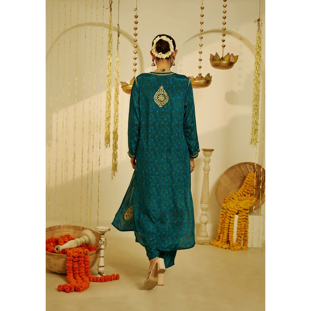 House of Chikankari Blue Arisha Chikankari Straight Kurta with Palazzo (Set of 2) - Image 4