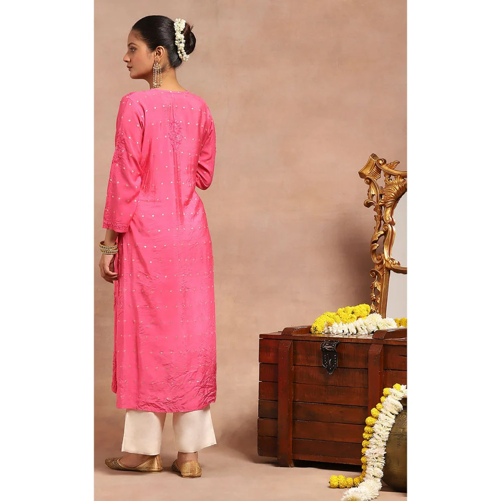 House of Chikankari Chanderi Chikankari Womens Long Kurta- Dark Pink - Image 2