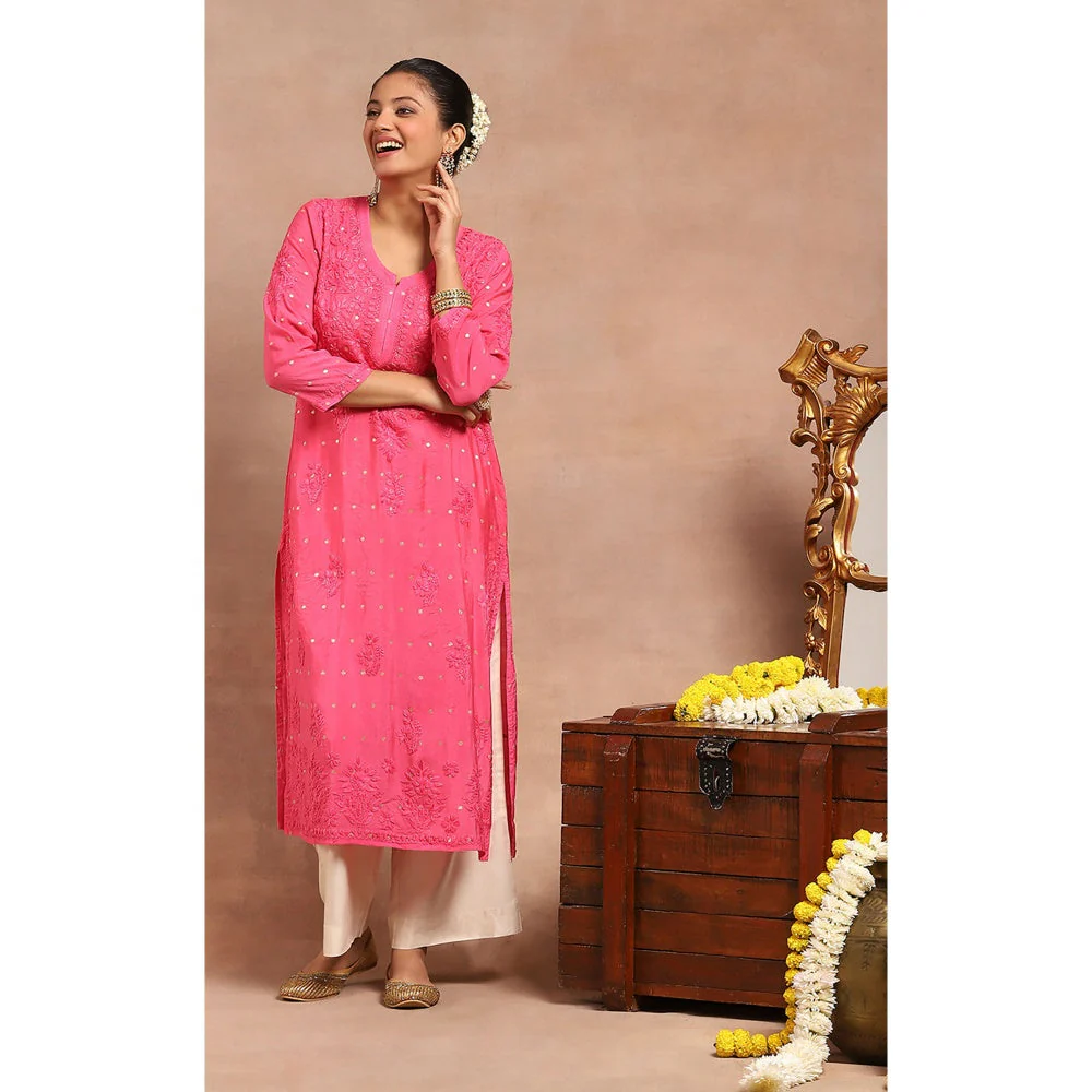 House of Chikankari Chanderi Chikankari Womens Long Kurta- Dark Pink - Image 5