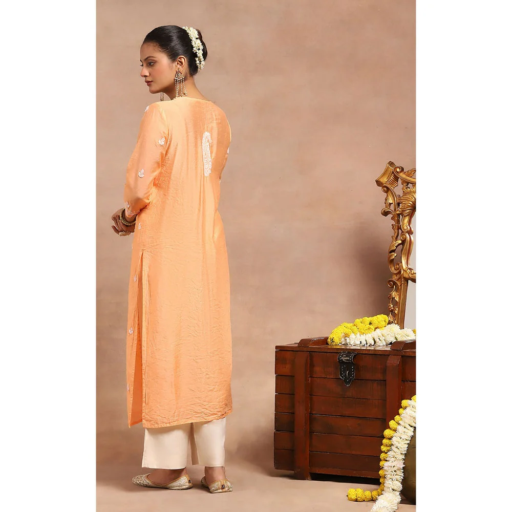 House of Chikankari Chanderi Chikankari Womens Long Kurta- Orange - Image 2