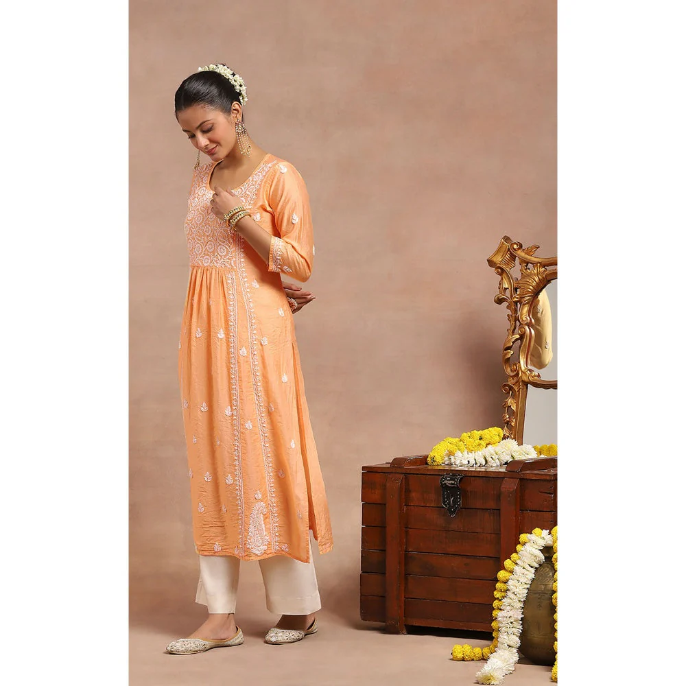 House of Chikankari Chanderi Chikankari Womens Long Kurta- Orange - Image 3