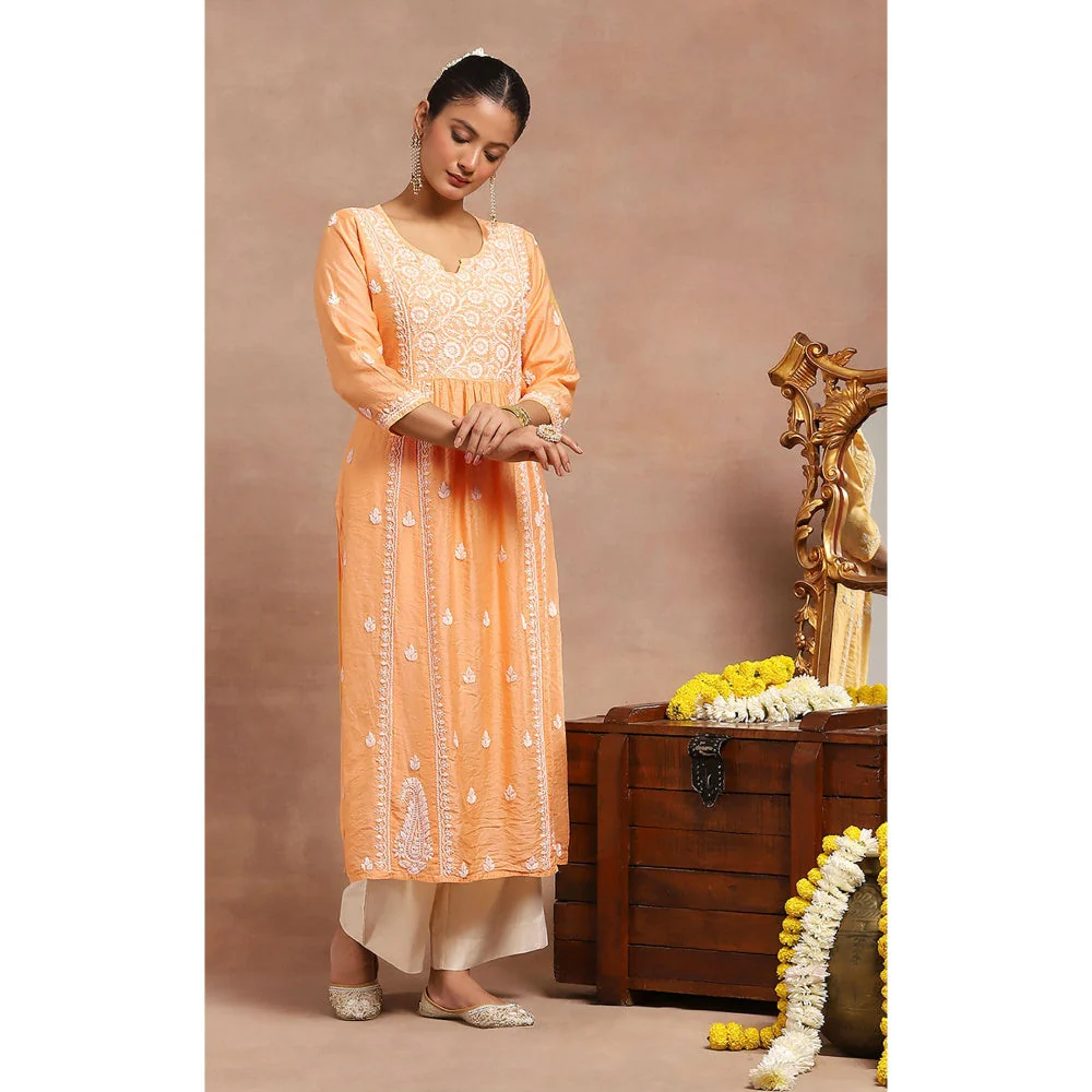 House of Chikankari Chanderi Chikankari Womens Long Kurta- Orange - Image 4