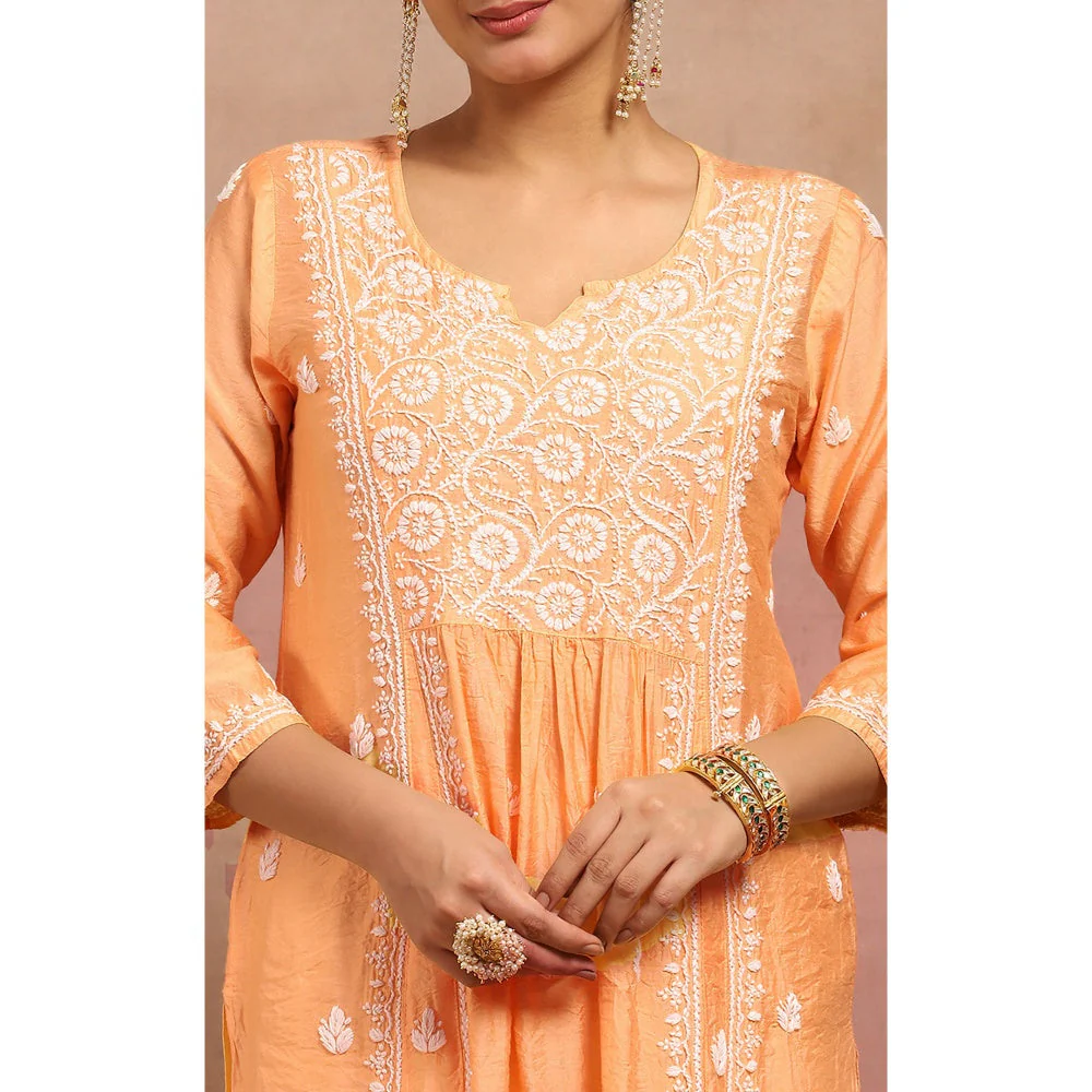 House of Chikankari Chanderi Chikankari Womens Long Kurta- Orange - Image 6