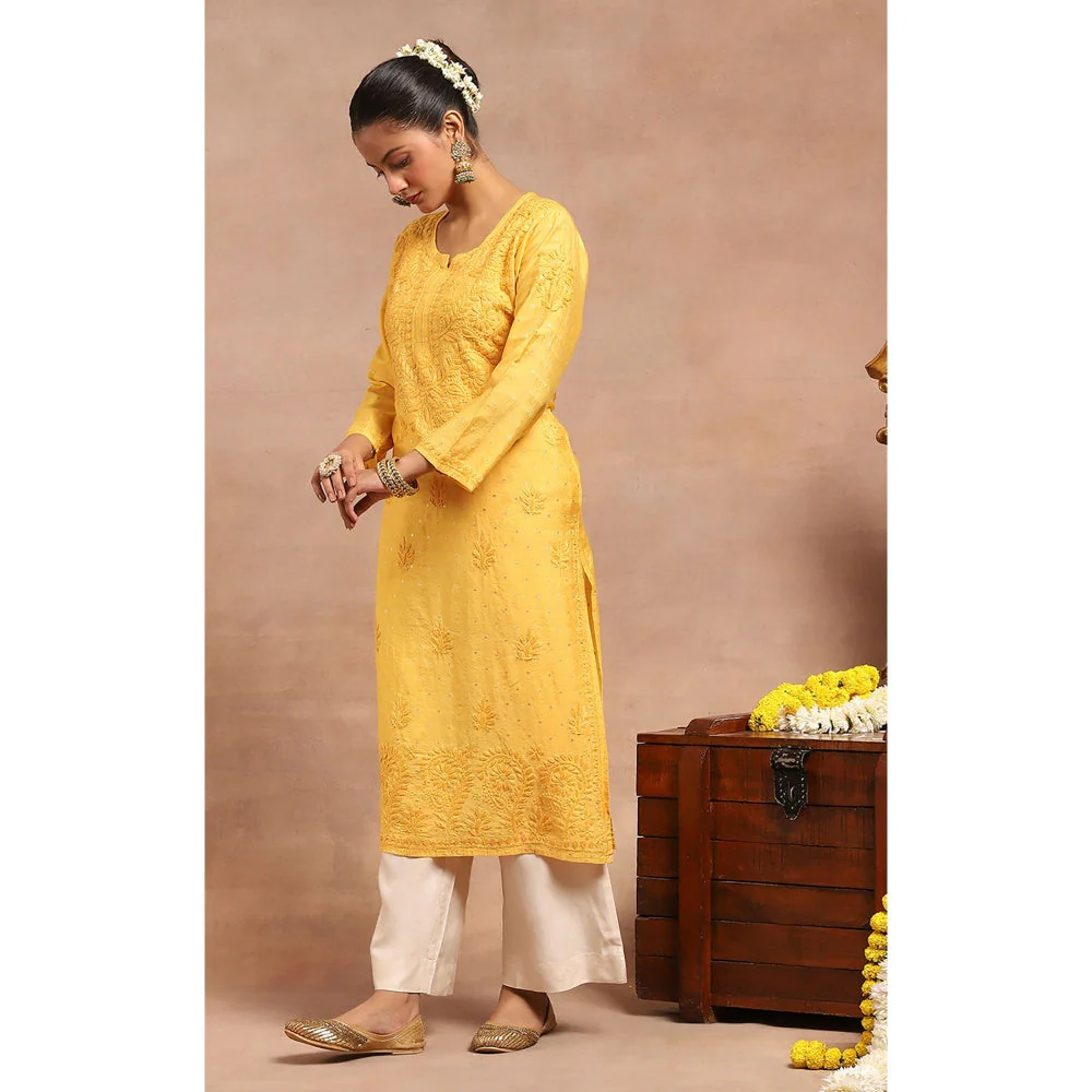House of Chikankari Chanderi Chikankari Womens Long Kurta- Yellow - Image 3